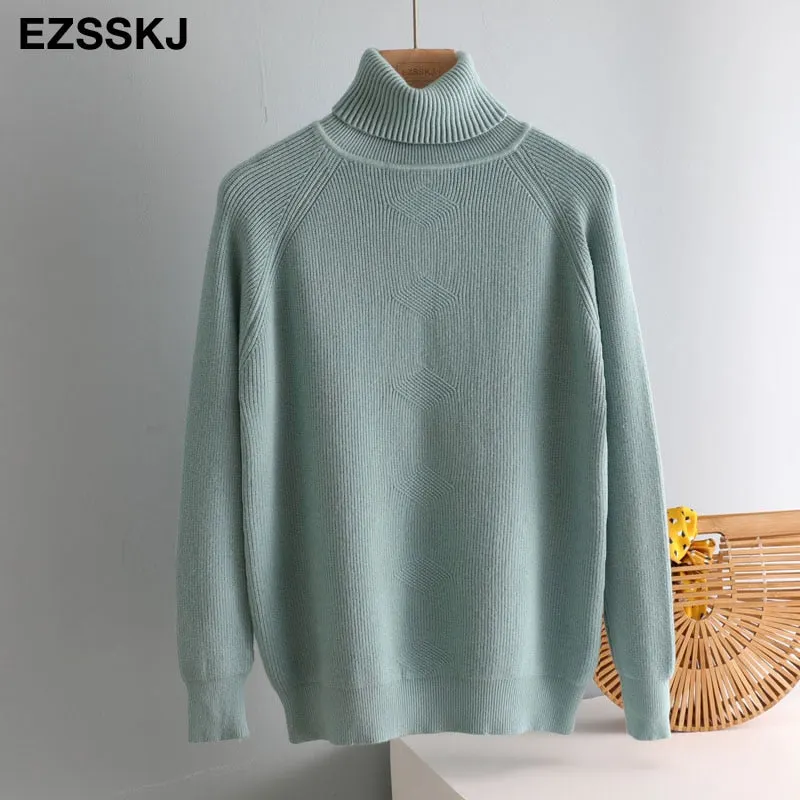 casual Autumn Winter Basic  THICK HIGH-NECK Sweater pullovers Women 2021 loose Knit  Pullover female Long Sleeve Khaki Sweater