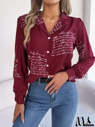 MidiSono - Letter Printed Button Up Long Sleeve Blouse
