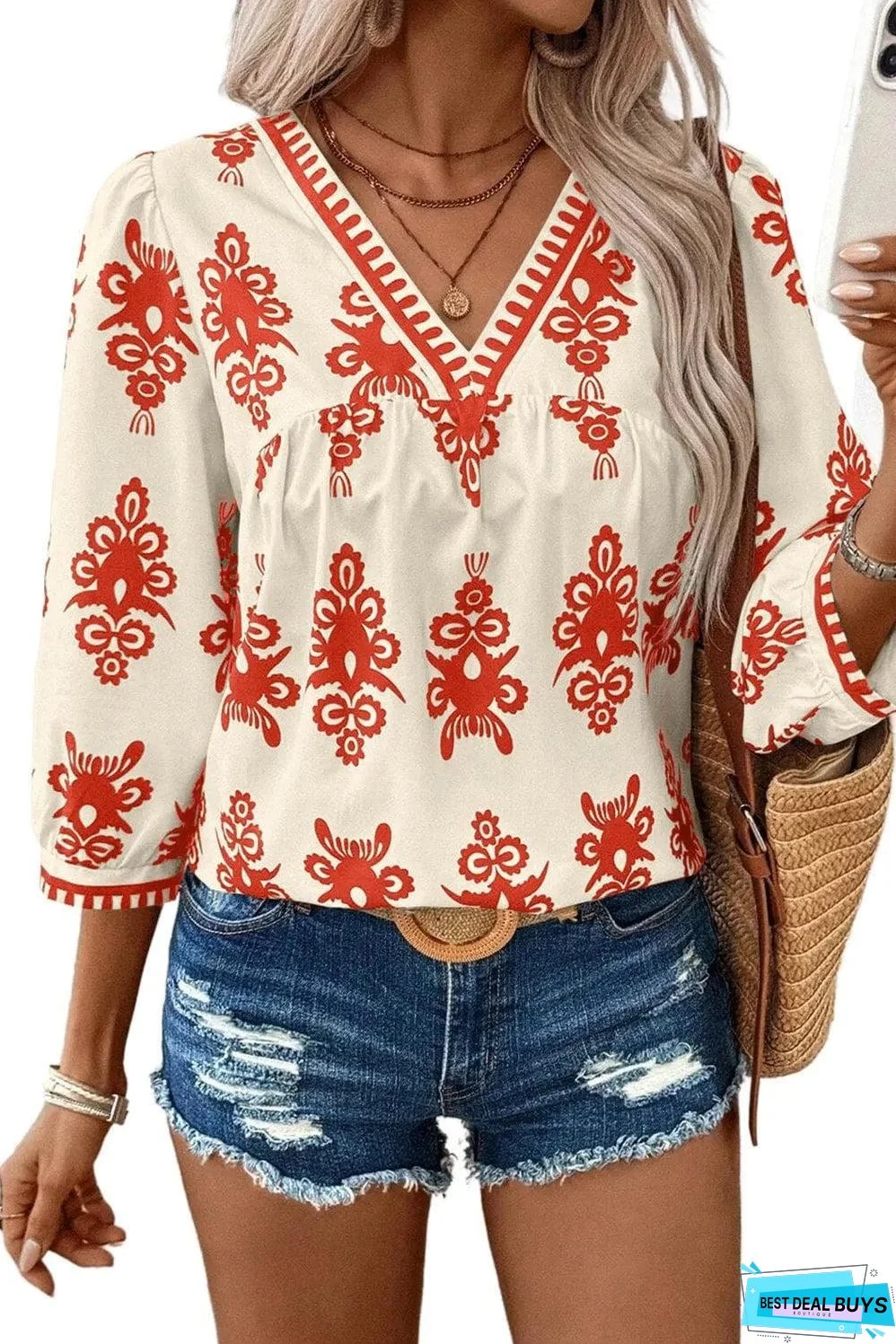 Orange Vintage Geometric Printed 3/4 Sleeve V Neck Blouse