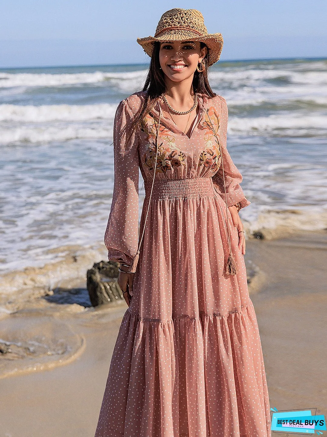 Embroidered Polka Dot Tie Neck Long Sleeve Midi Dress