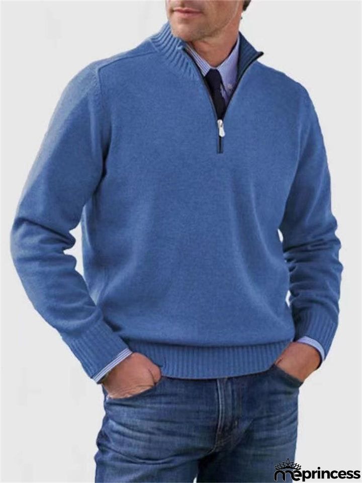 Men's Fall V Neck Half Zip Warm Knit Sweater