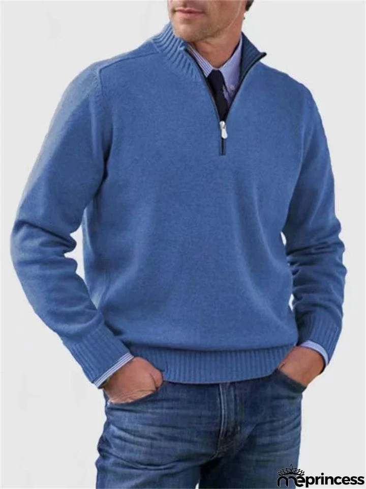 Men's Fall V Neck Half Zip Warm Knit Sweater