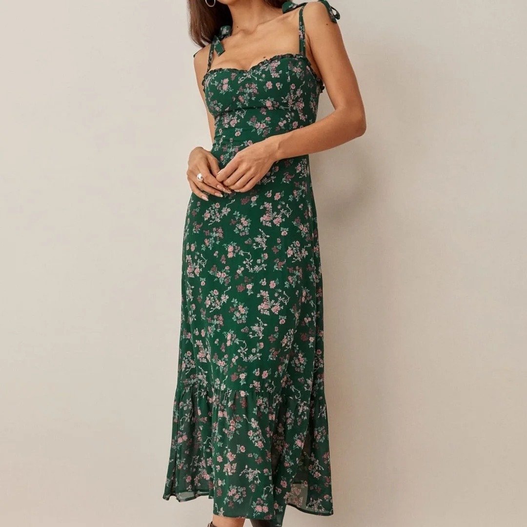 Back  To School Outfit Sonicelife   2022 Traf Female Chiffon Ruffle Long Dress Sleeveless Spaghetti Strap Women's Vestidos Party Dress