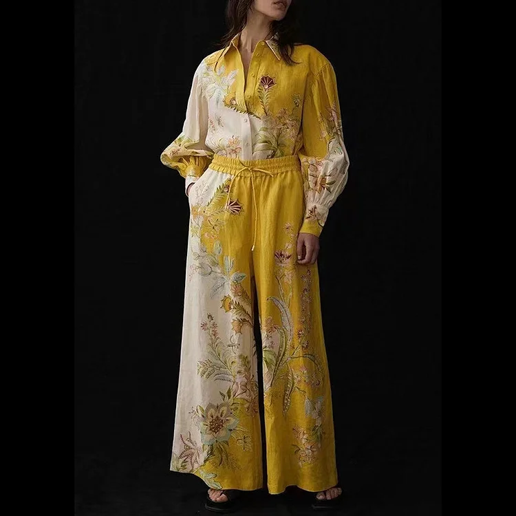 Yellow Printed Two-Piece Suit Lapel Shirt High Waist Tie Straight Trousers Suit