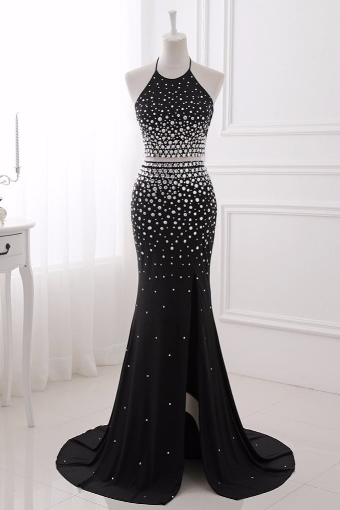 Daisda Elegant Black Halter Sleeveless Mermaid Evening Dress with Rhinestone Daisda