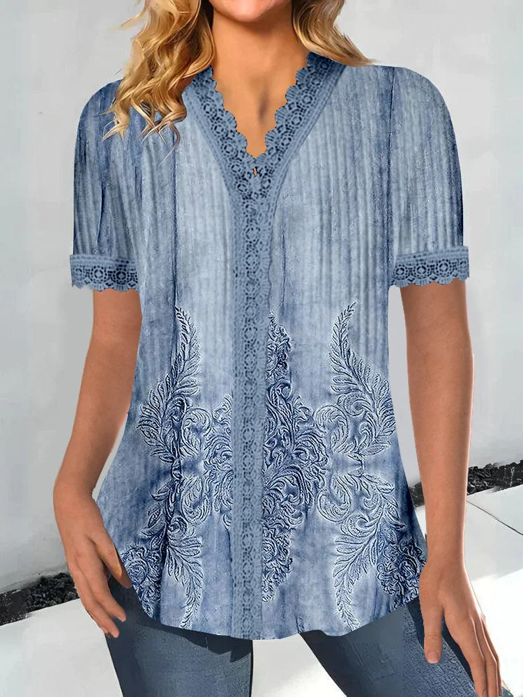 Women Short Sleeve V-neck Floral Printed Printed Graphic Lace Tops