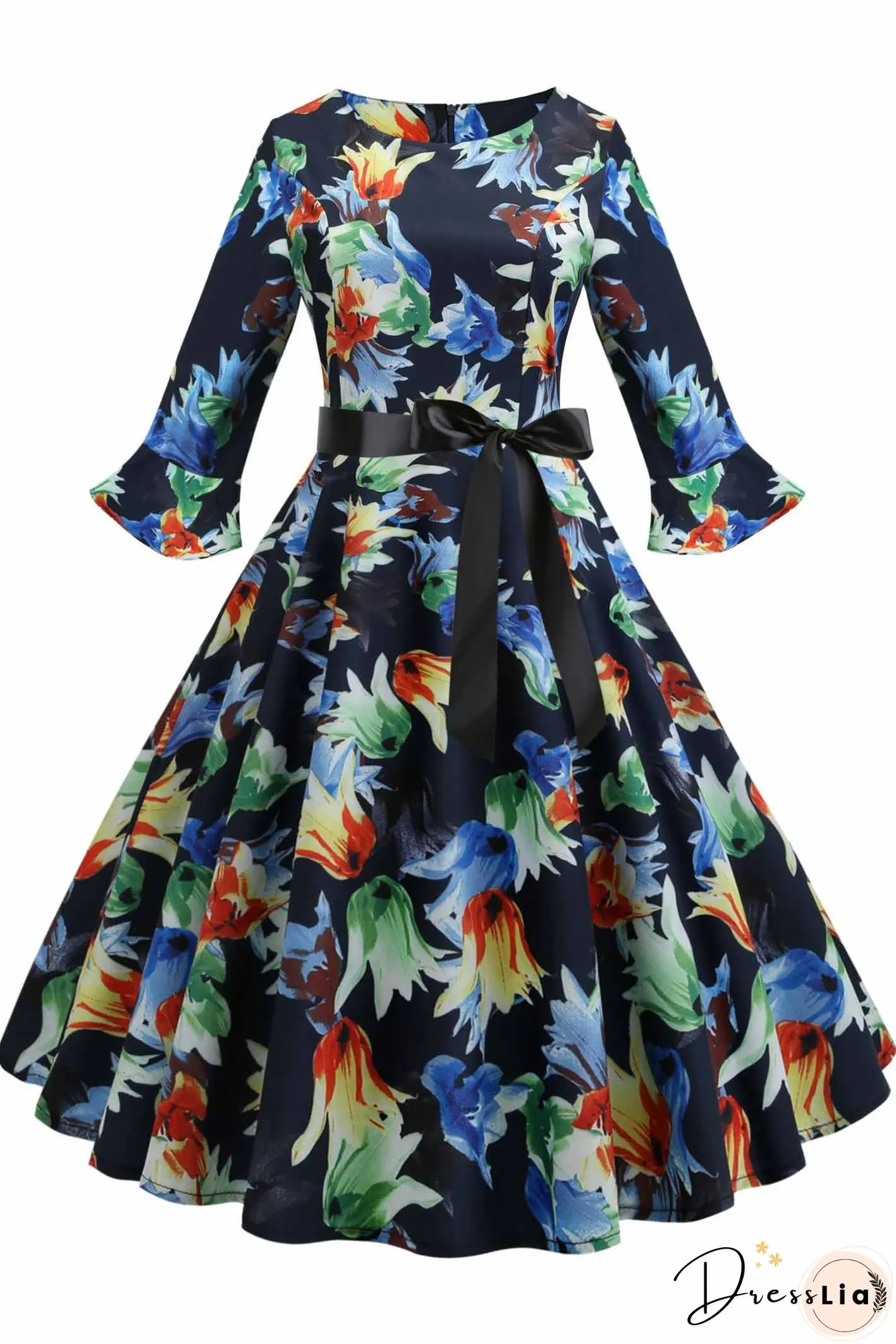 Floral Print Boatneck A-line Dress