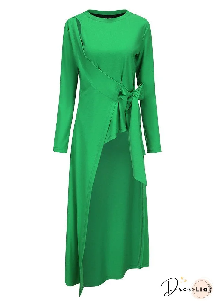 Novelty Green O-Neck Asymmetrical Patchwork Tie Waist Long Top Long Sleeve