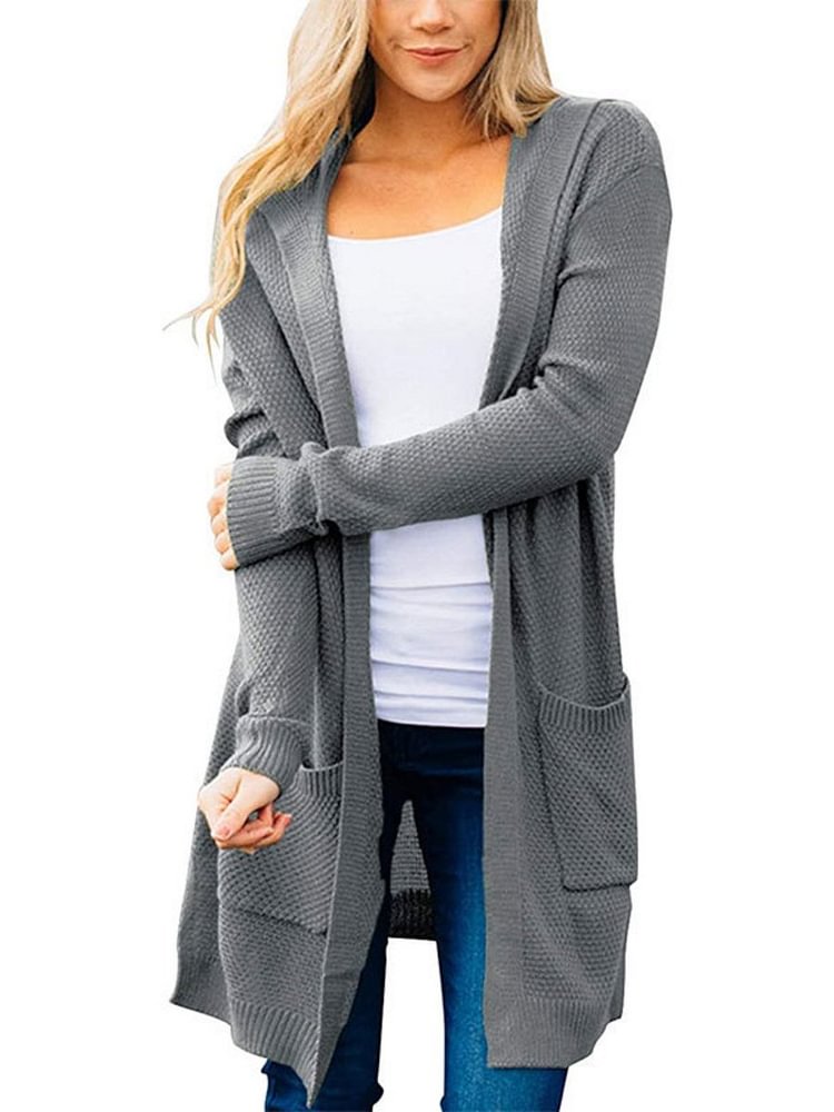 Mayoulove Cardigan For Women Solid Color Open Front Pockets Hooded Knitted Sweater-Mayoulove