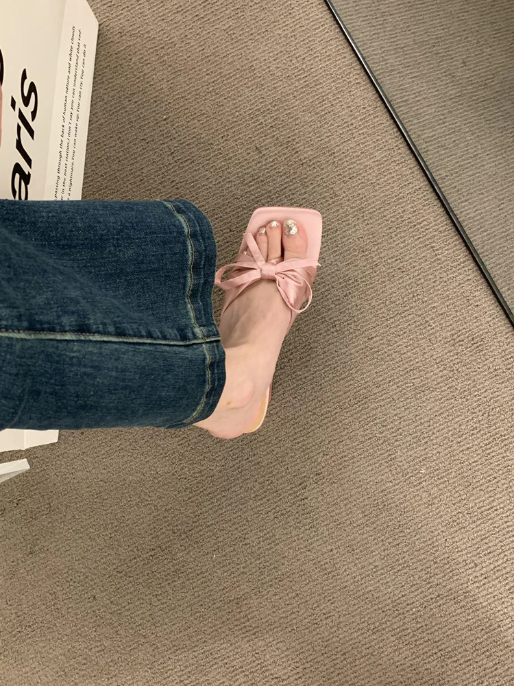 Breakj Breakj High-End Silk And Satin Bow Coarse And Cool Slippers Women Wear 2025 New Summer Dew High-Heeled Shoes