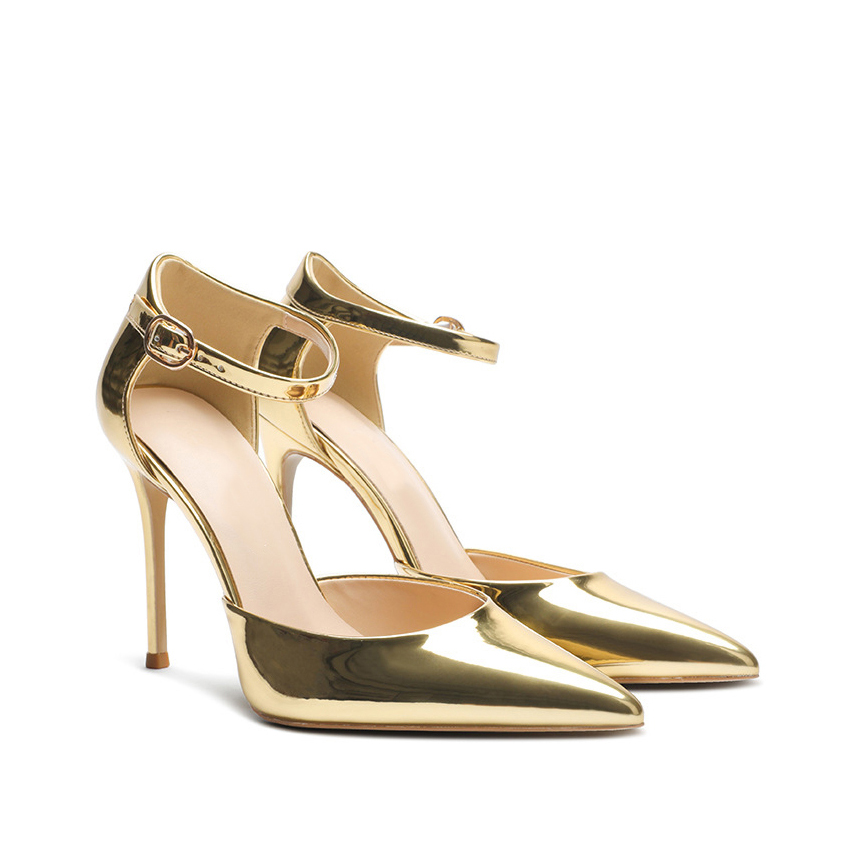 100mm Women's Ankle Strap Pointed Toe Pumps Wedding Party Apricot Bottoms High Heels Stilett-MERUMOTE