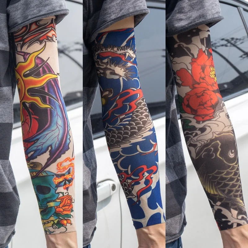 3PCS/lot new mixed 100%Nylon elastic Fake temporary tattoo sleeve skull wolf totem dragon designs body Arm stockings cool men
