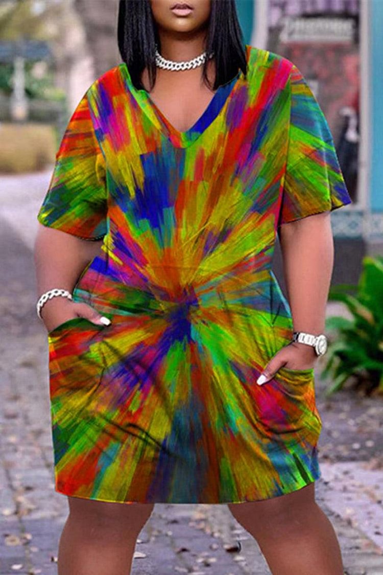 Xpluswear Plus Size Casual Rainbow Tie Dye Print V Neck Short Sleeve With Pockets Midi Dress