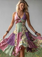 Vintage Cottage Floral Patchwork Flowy Linen Dress