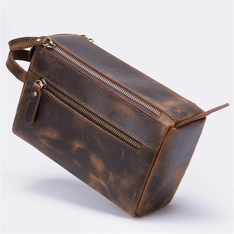 Men's Leather Retro Leather Clutch Large Capacity Wash Bag