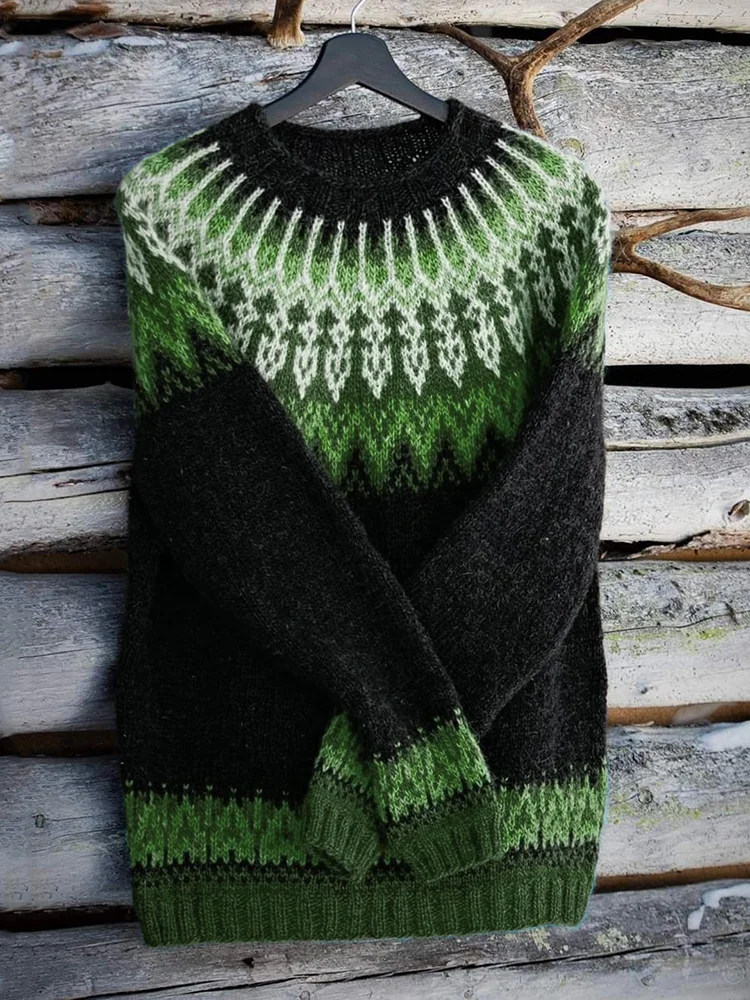Vintage Icelandic Knit Jacquard Warmth Crew Neck Sweater（Unisex）