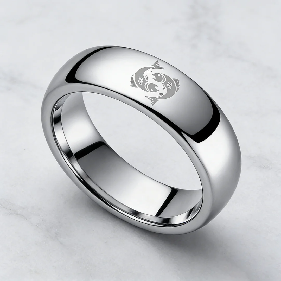 4MM 6MM 8MM Sliver Pisces Tungsten Carbide Rings Prints Laser Design Domed Top Tungsten Wedding Bands 