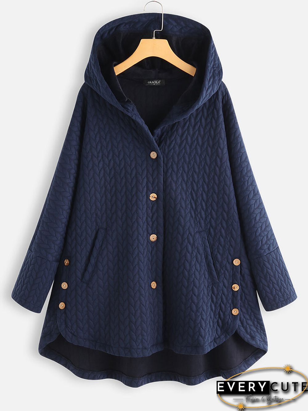 Casual Jacquard Pockets High Low Thin Loose Hooded Coat