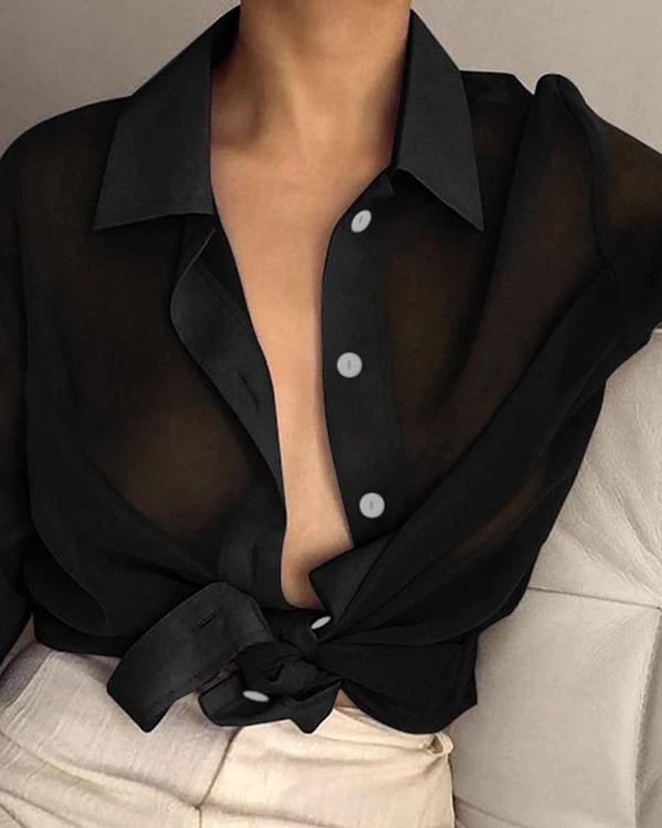 lapel sexy solid color long sleeve transparent shirt p125477