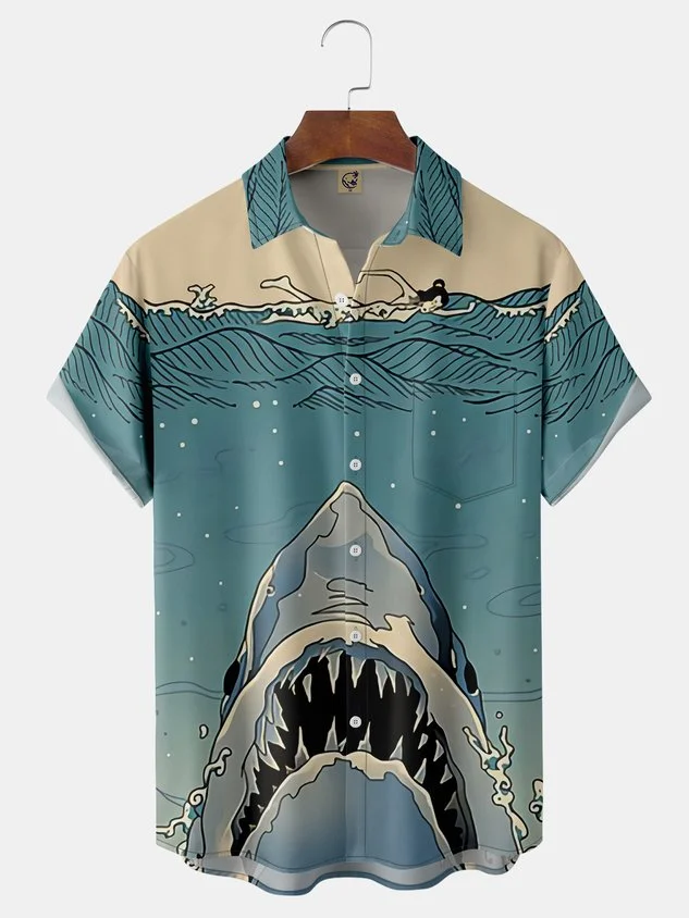 Japanese Ukiyo-e Shark Chest Pocket Short Sleeve Hawaiian Shirt