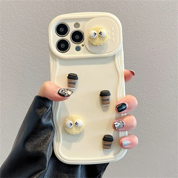 Cute Cartoon 3D Coffee Push Window Silicone Soft Case For iPhone 14 Pro Max 15 13 12 11 X XR Luxury Lens Protective Cover