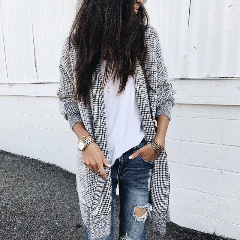 Casual Plaid Knit Mid Length Cardigan