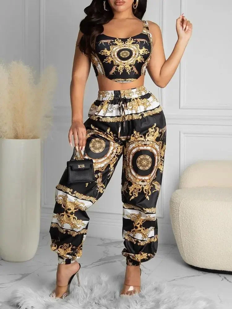 Nncharge 2024 Summer Women Black Clubwear Two Piece Suit Sets Sleeveless Scarf Print Crop Top & High Waist Casual Long Pants Set