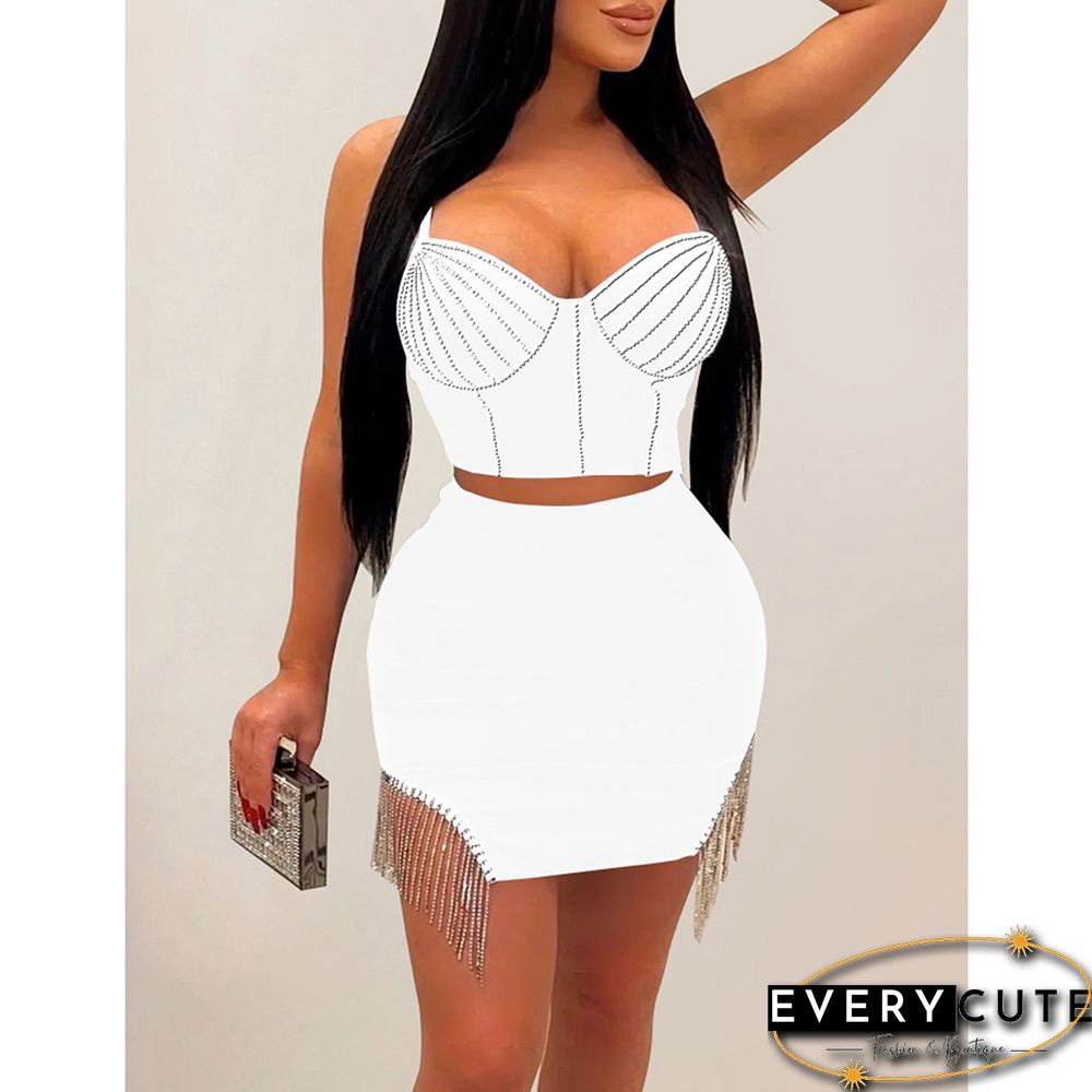 White Sleeveless Drill Top And Tassels Skirt Set