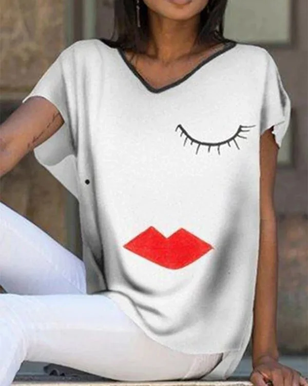 Women Print Casual V-neck Blouses