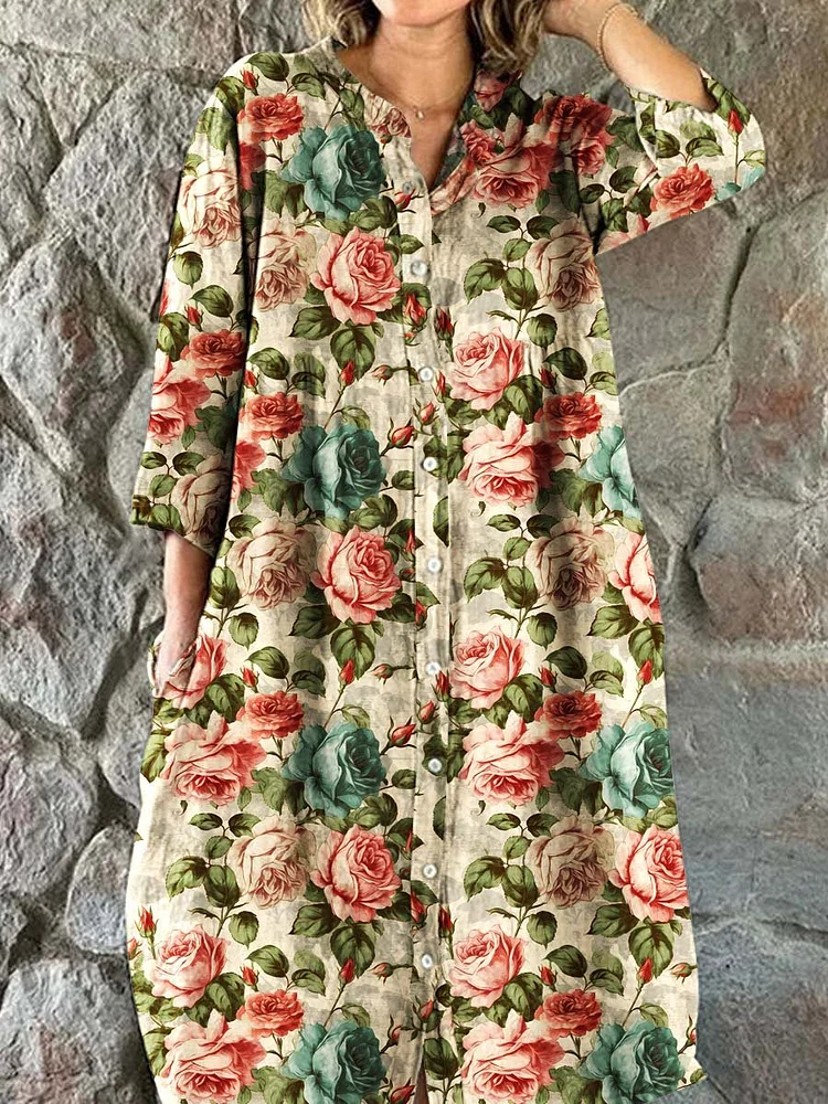 Women's Rose Floral Print Elegant Simple Cotton Shirt Dress