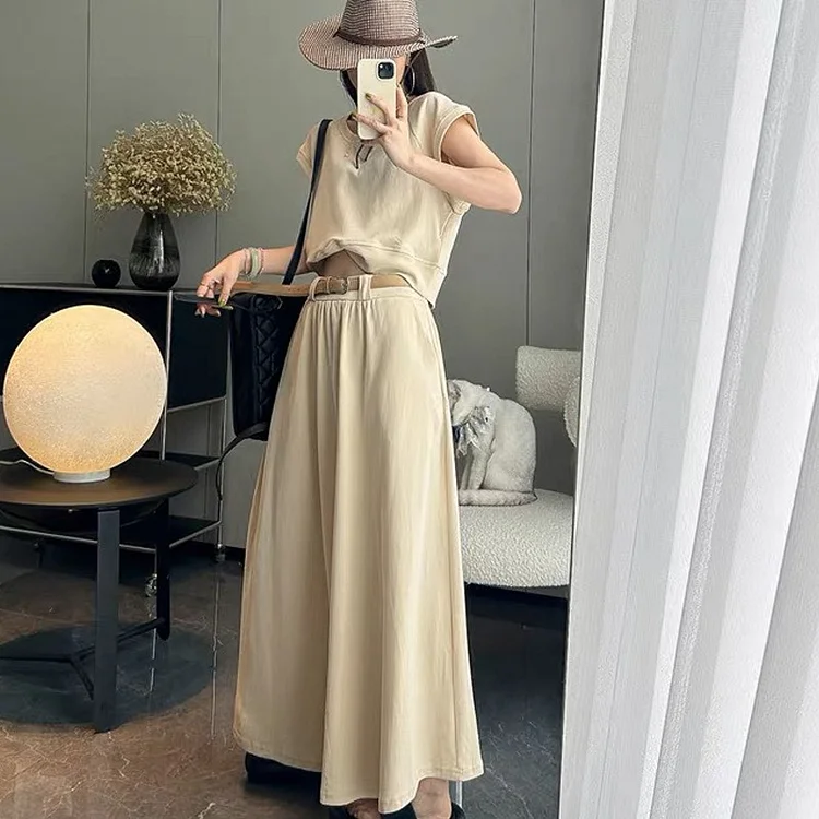 Simple Solid Color Short Sleeve T-Shirt and Elastic Waist Skirt Two Piece Set