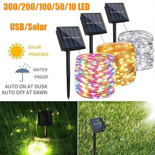 300/200/100/50/10 LED 9COLORS Creative Waterproof 8 Modes Solar Powered Copper Wire String Lights for Outdoor Indoor Home Garden Party Wedding Patio Tree Christmas Decoration