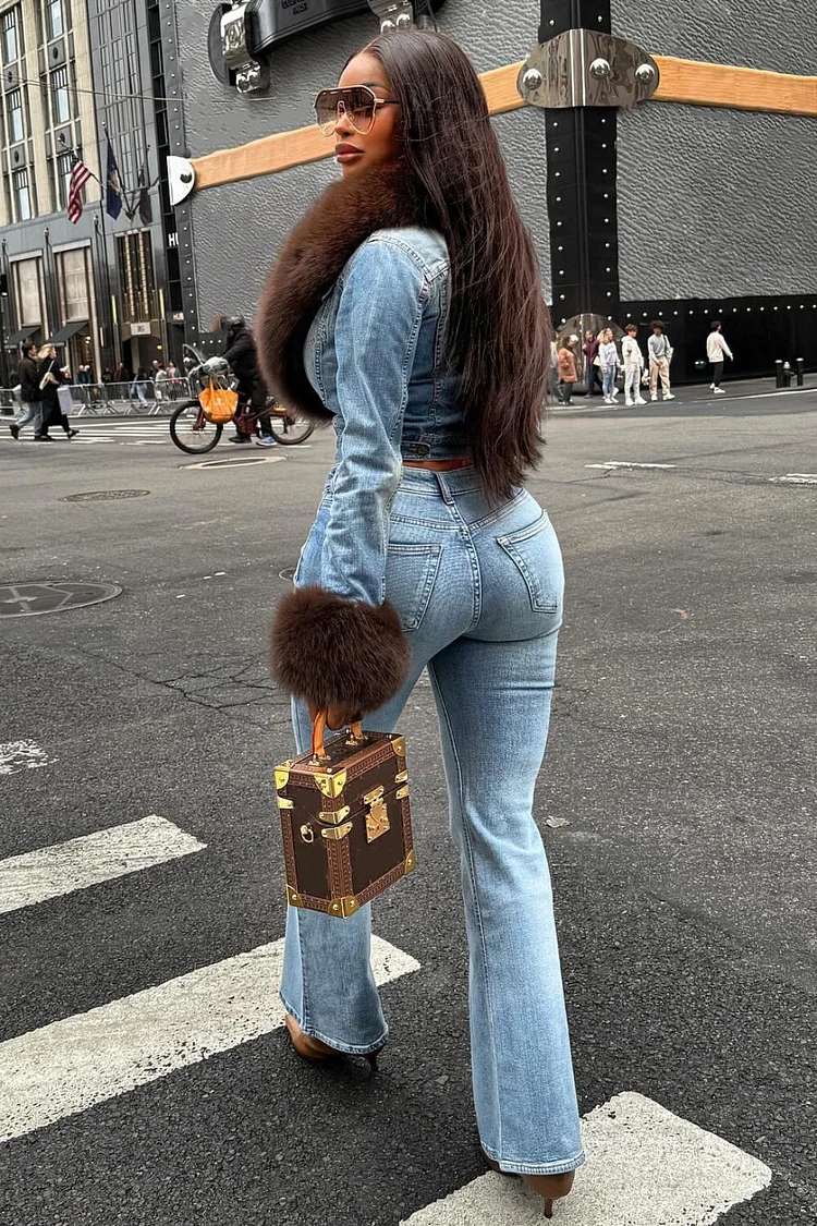 Faux Fur Patchwork Jacket Jeans Casual Denim Matching Set-Blue [Pre Order]