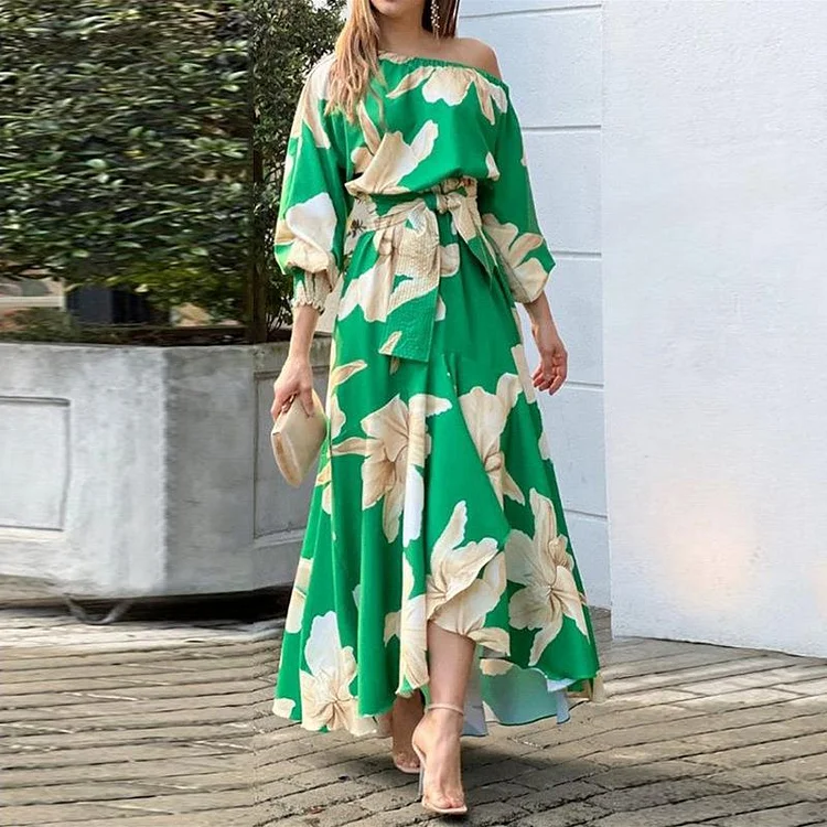 New Style Elegant Off-Shoulder Long Dress Ins Printed Lantern Sleeve High Waist Dress for Women_ viptrois