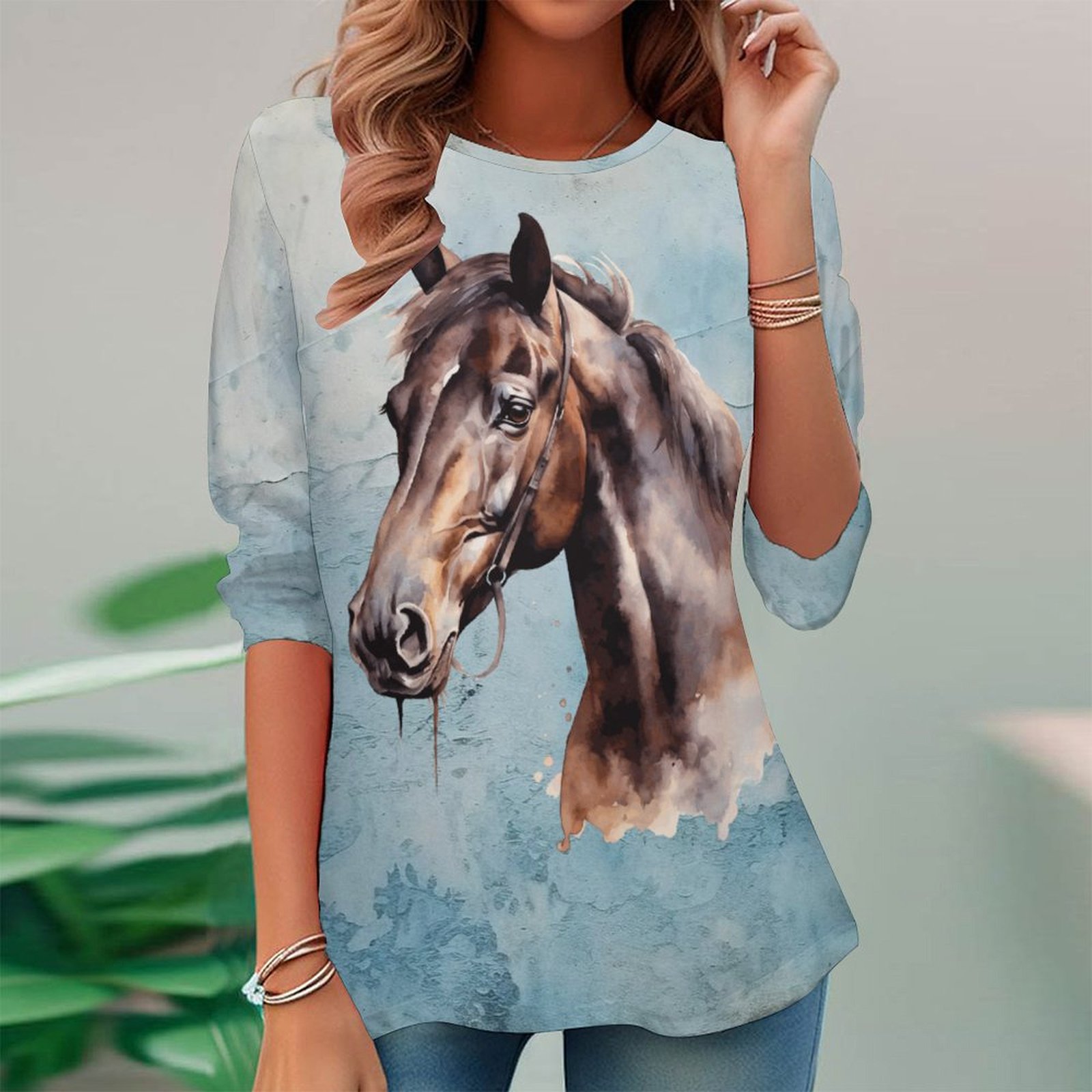 Women Long Sleeve V-neck Graphic Floral Printed Top