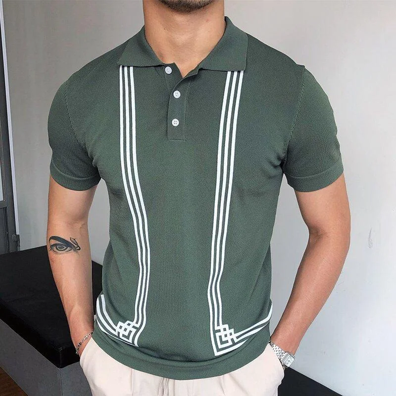 Uveng Uveng Men's Green Striped Short-Sleeved Polo Shirt Knitted Shirt Men SY0071