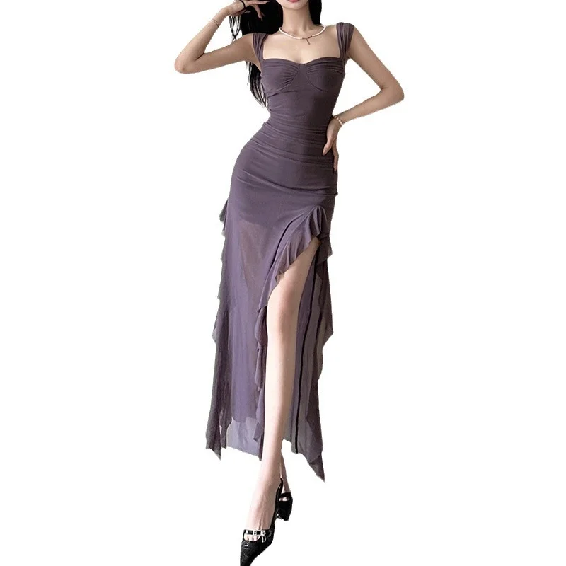 Uveng Spring 2024 New Women's Sexy Babes Sling With Chest Open Fork And Hips Long Dress