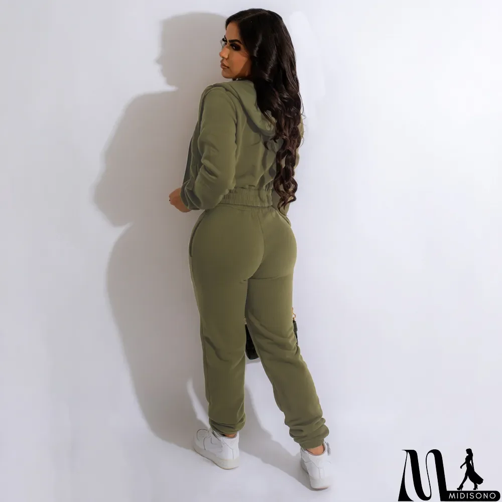 MidiSono - Plush Solid Tank Tops+Hooed Zipper Coat+Pants Sports Three Piece Set
