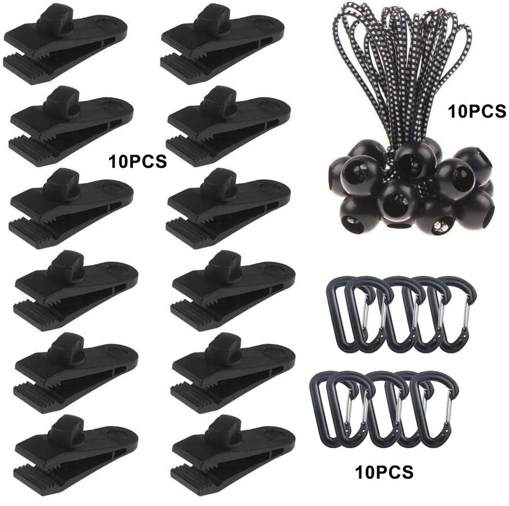 Canopy Fixed Tent Clip Rope Buckle Set 10 Clips+10 White Dot Ropes+10 Black PP Fast Hangings