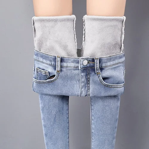 Autumn Winter Jeans Women High Waist Jeans Fleece Warm Female Long Pantalon Thick Blue Cotton Denim Trousers 2021 New 11371