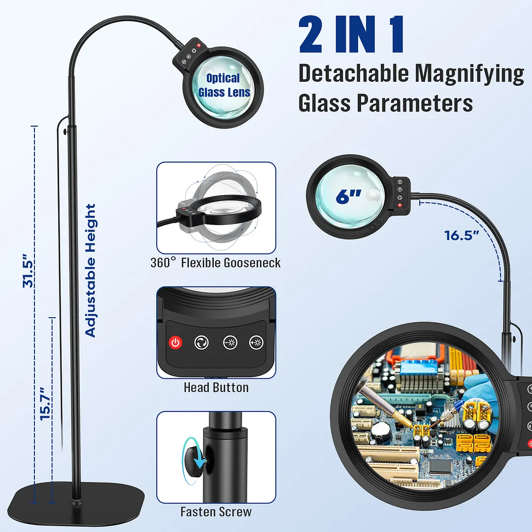 BEBANG 72 LED Flexible Gooseneck Floor Magnifying Glass with 5 Color Modes, 2-in-1 Magnifying Lamp for Close Work, Sewing,Crafts, Painting