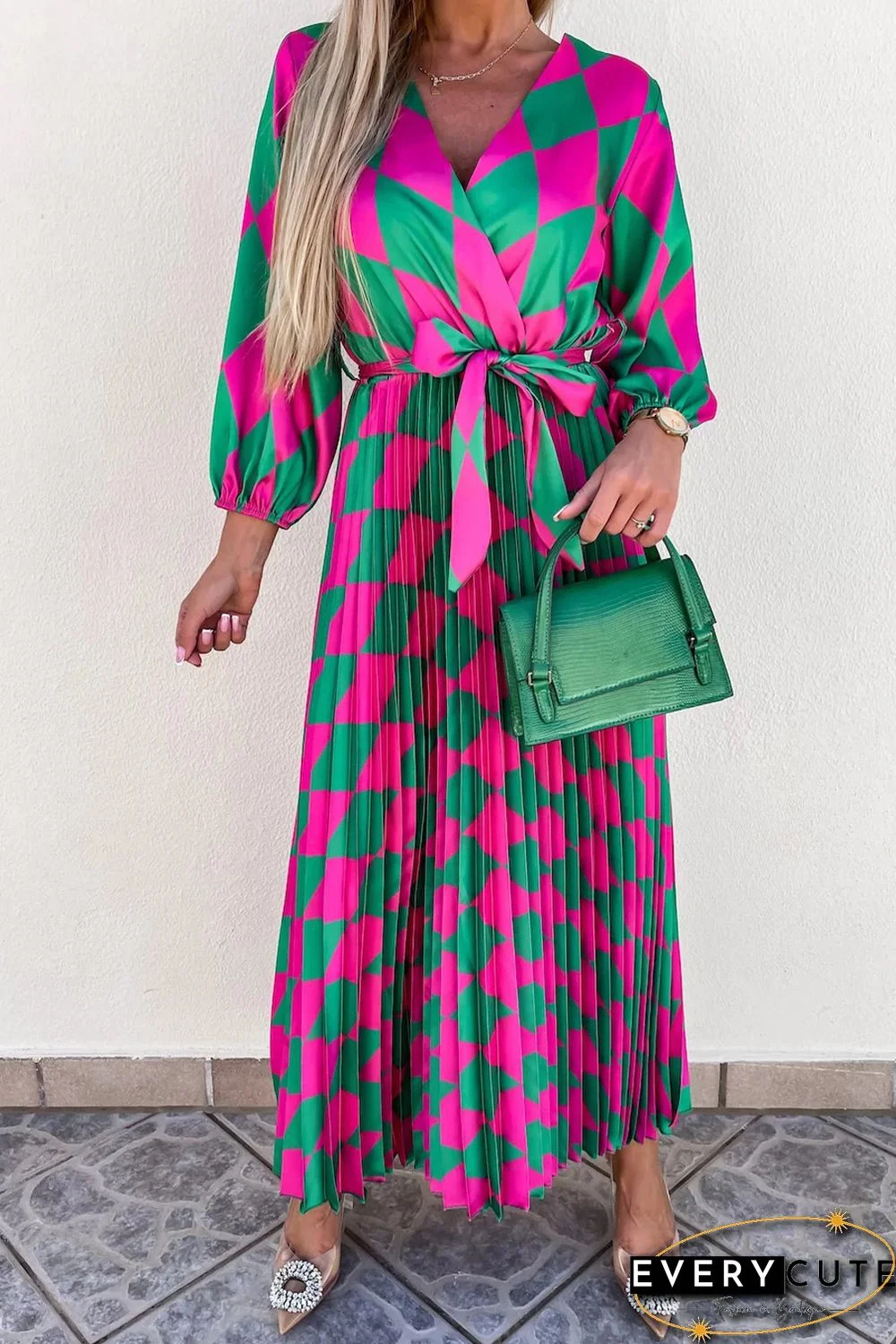 Multicolor Rhombus Contrast Color Block Belted Maxi Dress