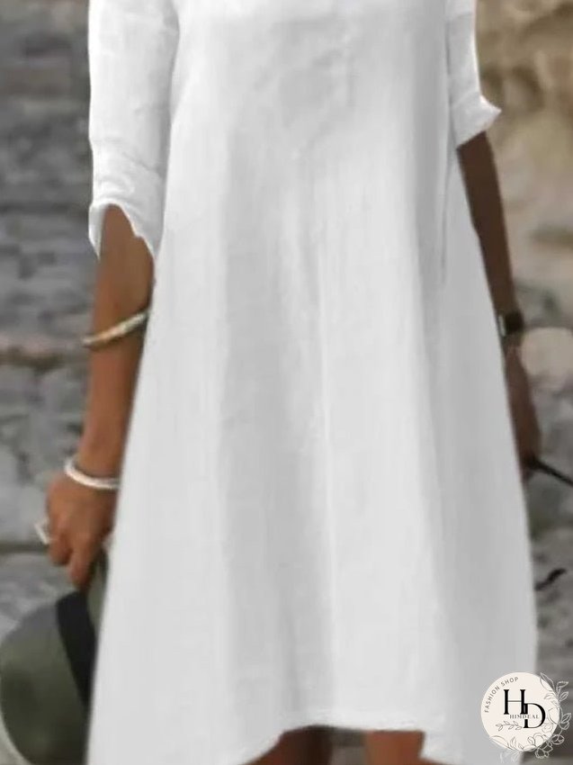 Casual Dress Cotton Linen Dress Midi Dress Cotton Blend Fashion Modern Outdoor Daily Vacation Crew Neck Lace Patchwork Half Sleeve Summer Spring Regular Fit White Flower Pure Color S M L for Women