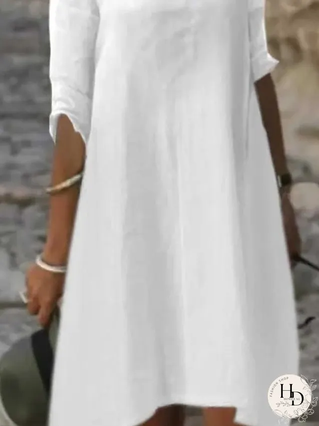 Casual Dress Cotton Linen Dress Midi Dress Cotton Blend Fashion Modern Outdoor Daily Vacation Crew Neck Lace Patchwork Half Sleeve Summer Spring Regular Fit White Flower Pure Color S M L for Women
