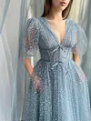 Blue Sparkling Tulle Puff Lantern Sleeve Tea Length Dress Fairycore Ball Gown Formal Robe A Line Corset Bodice Deep V Neck Pocketed Dresses