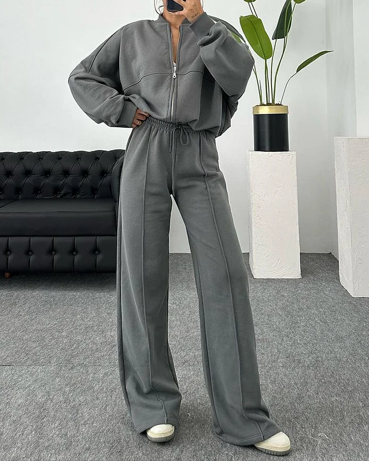 Zippered Long-sleeved Top and Pants Two-piece Suit