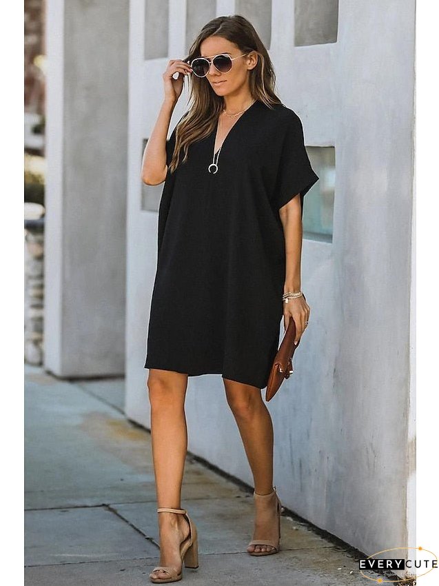 Casual Dress Midi Black White Yellow Short Sleeve Pure Color Summer Spring Neck Hot XXL