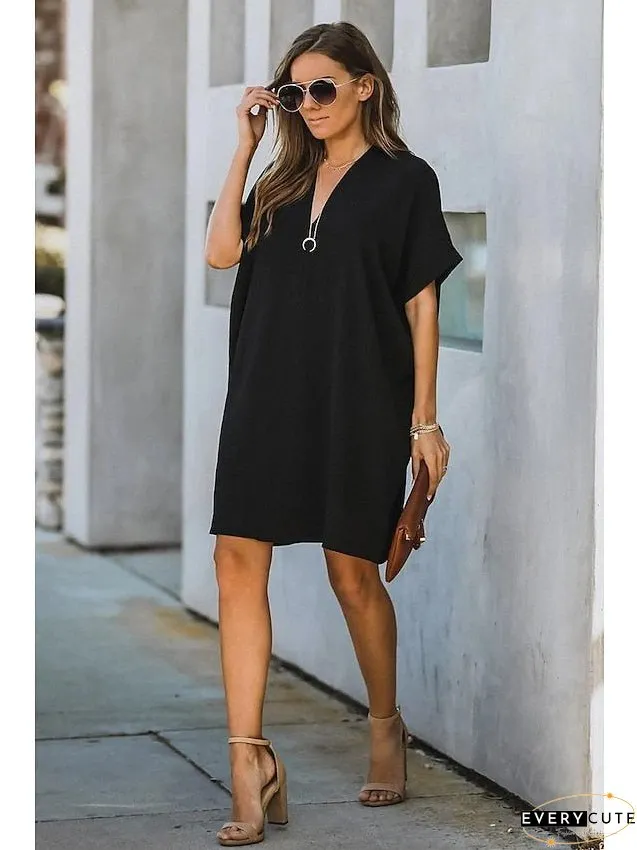 Casual Dress Midi Black White Yellow Short Sleeve Pure Color Summer Spring Neck Hot XXL