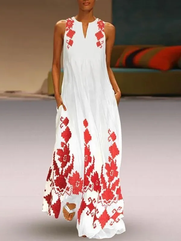Sleeveless Printed V Neck Maxi Dress