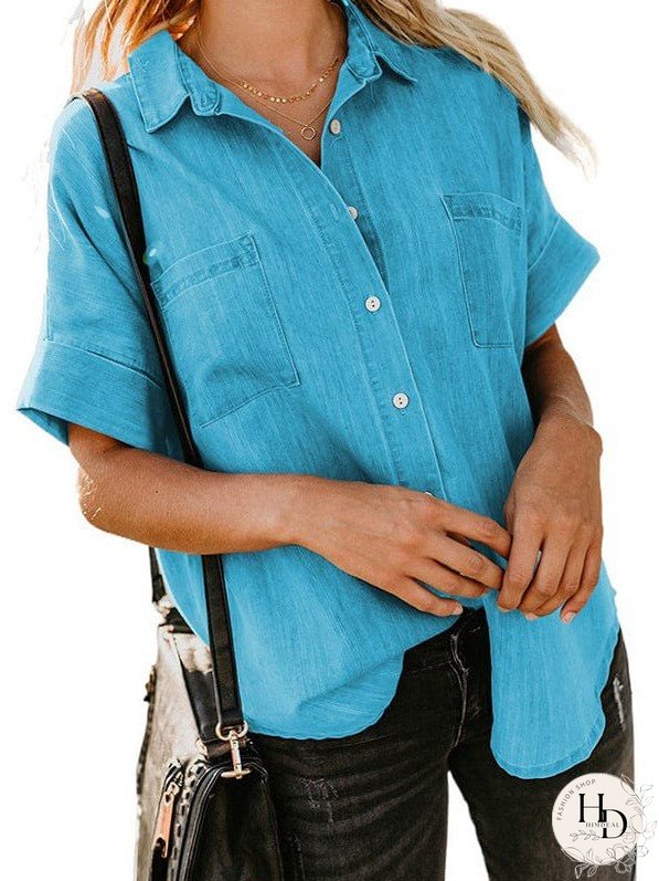 Women's Striped V-Neck Denim Shirt